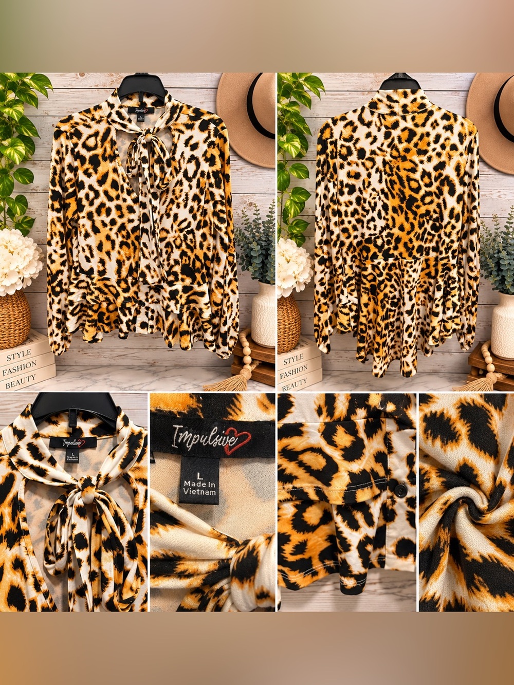 Impulsive Leopard Print Tie Neck Ruffle Peplum Blouse Size Large